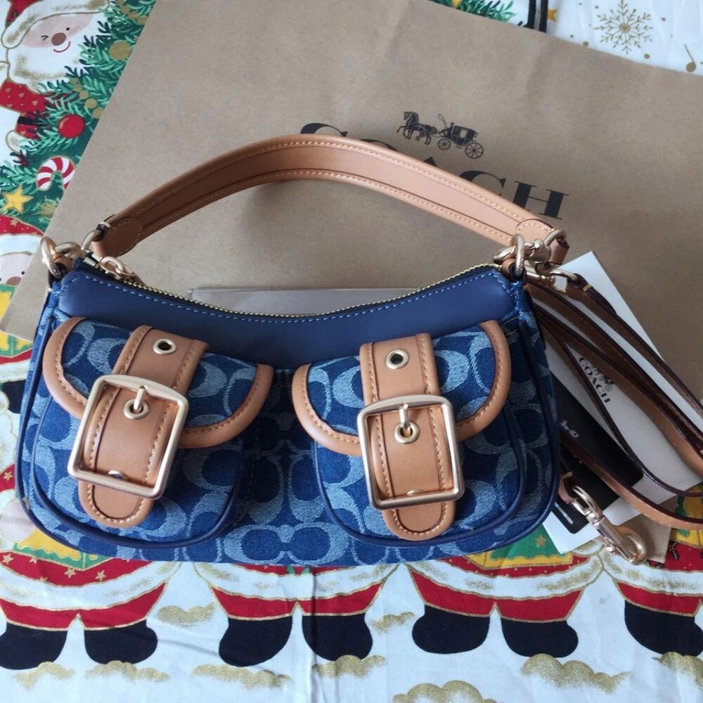 Coach Blue and Tan Designer Shoulder Bag - Picture 6 of 9